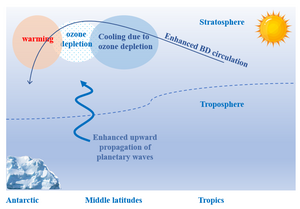 Schematic of the temperature changes in the Antarctic upper stratospheric during austral winter.