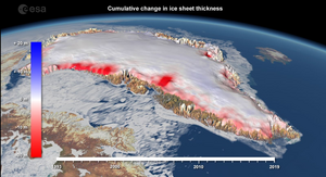 Change in ice sheet thickness in Greenland