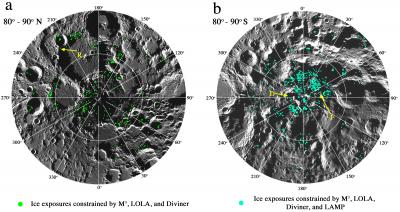 Distribution of Water Ice Bearing Pixels Overlain on a Mosaic from the Lunar Reconnaissance Orbiter