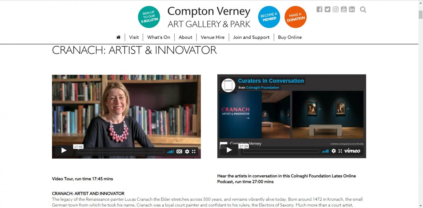 Compton Verney's homepage for the Cranach exhibition which opened in March 2020