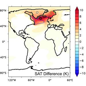 Influence of the ice-age multi-centennial climate variability on air temperatures in the North Atlantic region (in degrees Celsius). The temperature differences between the warm and cold phases of climate variability are shown.