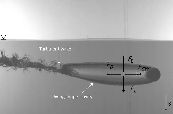 Video screenshot of horizontal sphere with attached air cavity formation.
