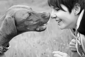 Researcher Anna Gergely is talking to the dog