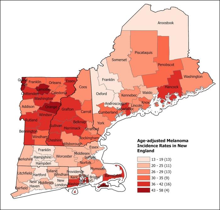 The Geographic Distribution of County-level Melanoma Incidence Rates (2014-2018) in the New England Region of the United States