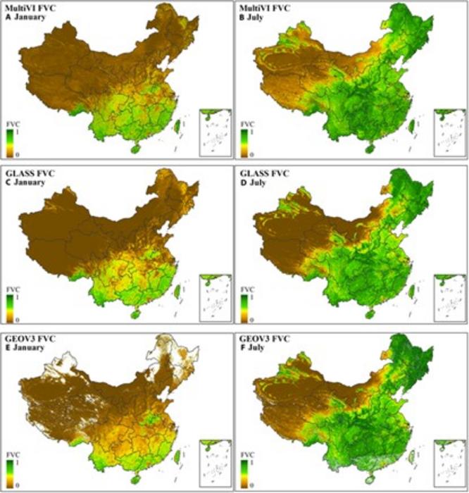 Fig. (A to F) The seasonal spatial distributions of the MultiVI, GLASS, and GEOV3 FVC products in January and July 2015. White areas indicate no data values.