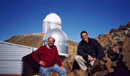 Mayor and Queloz in Front of the Dome of the EULER 1.2 m-Telescope at La Silla Observatory