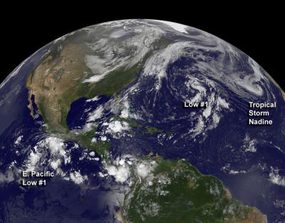 GOES-13 Sees Tropical Storm Nadine and 2 Other Lows