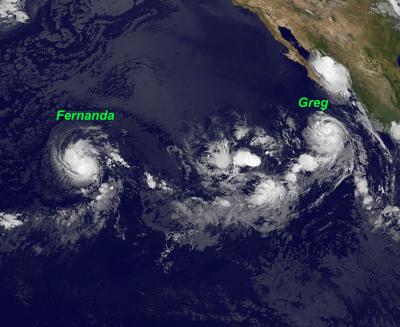 GOES-11 Views Tropical Storm Fernanda and Hurricane Greg