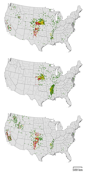 Spatial distribution of production loss by agricultural district from sustainable groundwater scenarios with varying recharge rates for corn (top map), soybean (middle map), and winter wheat (bottom map).
