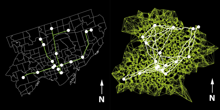 Computer model of slime mould on map of Toronto subway
