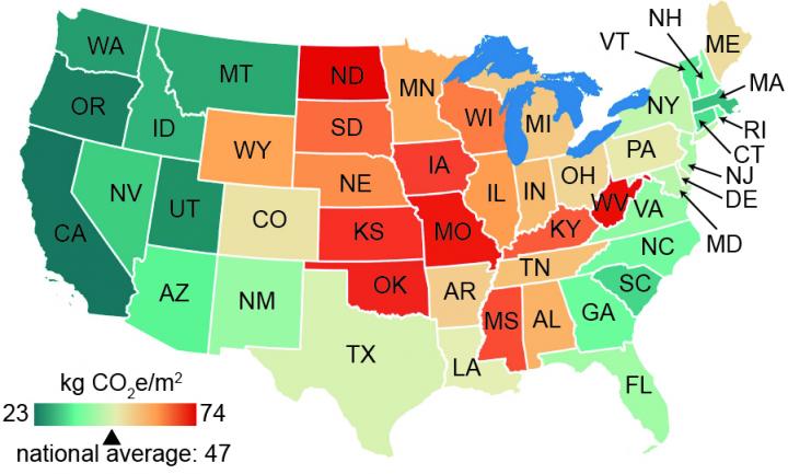 US Household Greenhouse Gas Intensity in 2015 by State