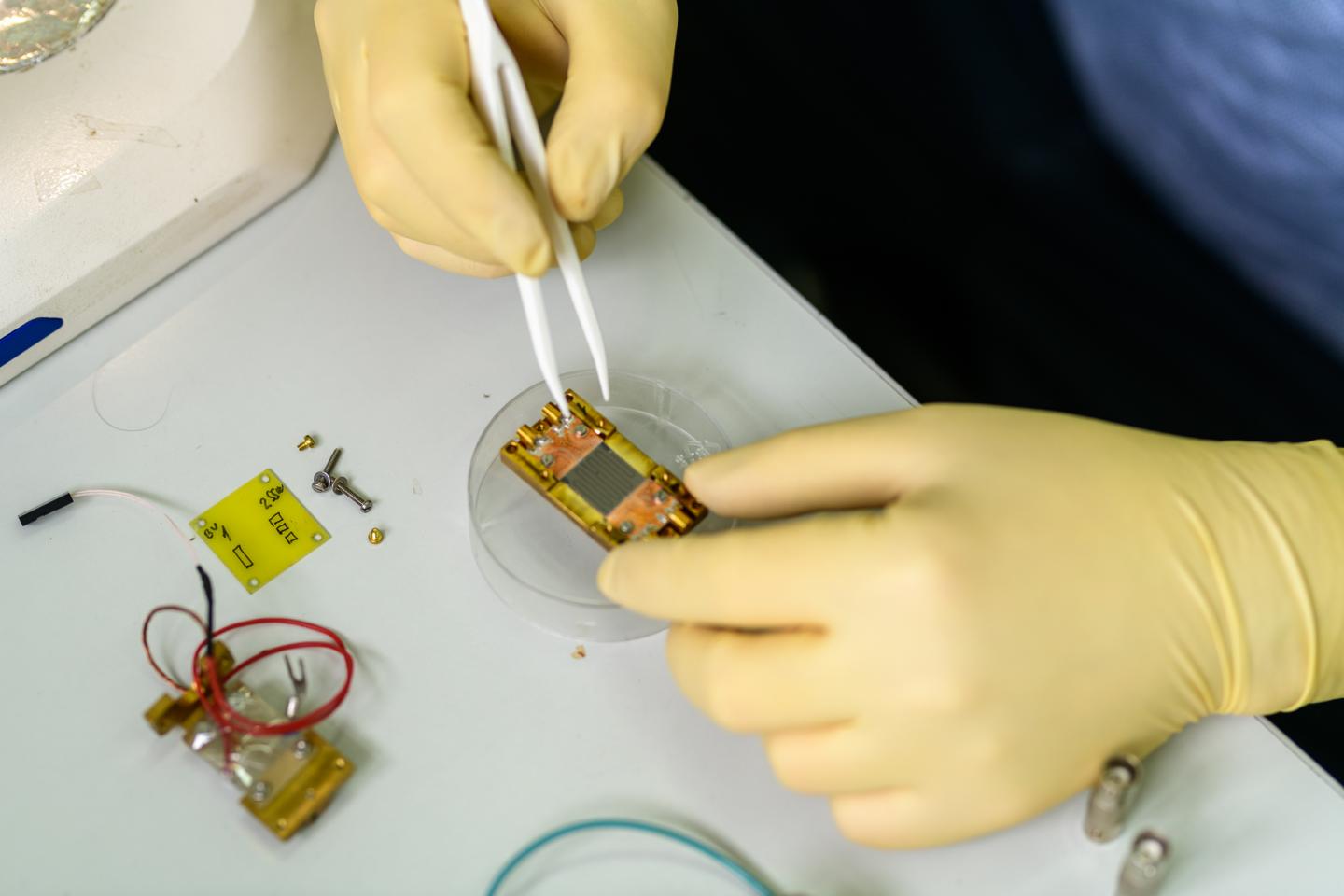 Photo. Mounting a superconducting chip on a board.