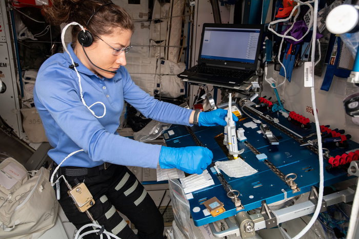 NASA astronaut Christina Koch works on the Genes in Space-6 investigation