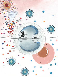 A representation of the delicate balance of the human immune system, which moves like a tightrope walker throughout life, surrounded by a multitude of micro-organisms, including pathogens, and environmental viruses.