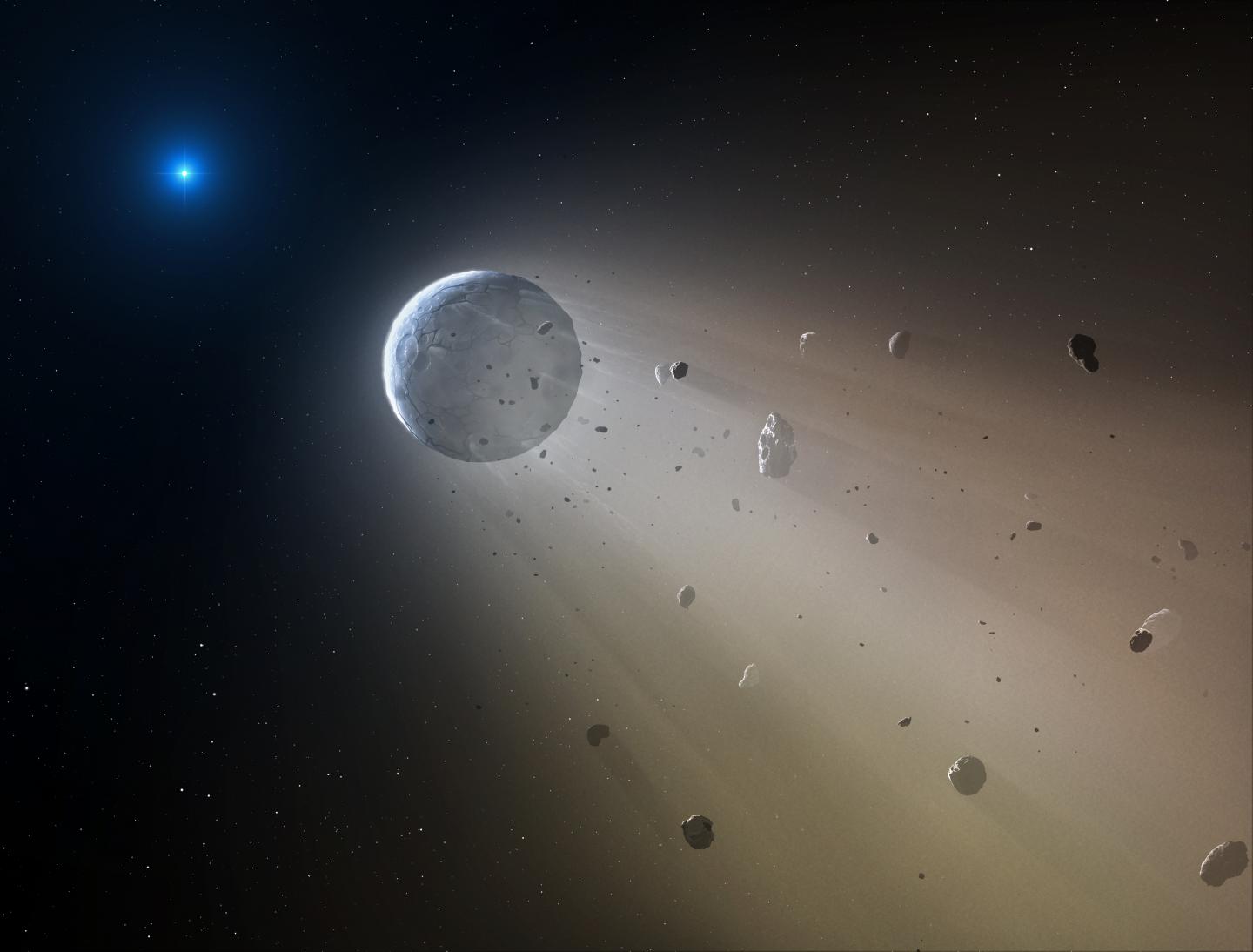 Artist's Conception of Crumbling Asteroid Orbiting White Dwarf