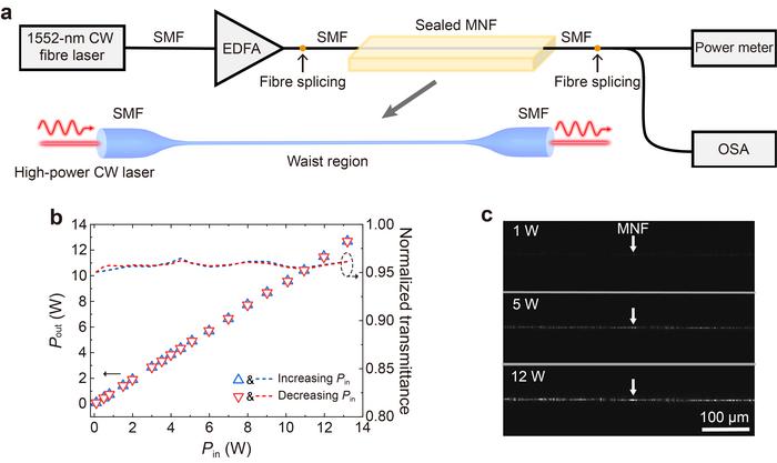 Figure 1 | High-power CW optical waveguiding in MNFs around 1550-nm wavelength.