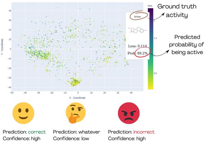 The demonstration of MolCompass illustrates how a computational toxicologist can identify concerning areas of chemical space. Using our software, the toxicologist can pinpoint regions where the model under investigation incorrectly predicts activity with