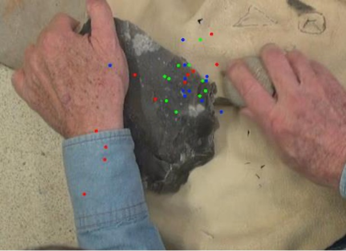 An example of gaze tracking. Subjects are watching stone toolmaking; the red, blue, green dots are where visual focus is during this segment of action.