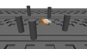 A simulated fruit fly navigates through a dynamic, obstacle-filled environment, showcasing NeuroMechFly v2’s enhanced sensory and motor integration in a virtual world.