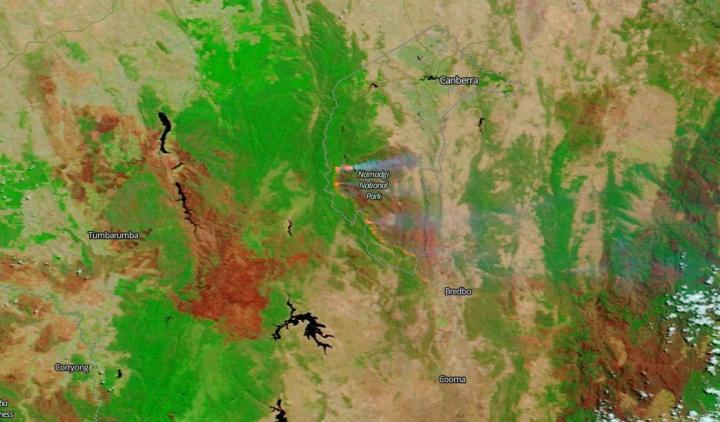 False Color image from Terra of the Orroral Valley Fire