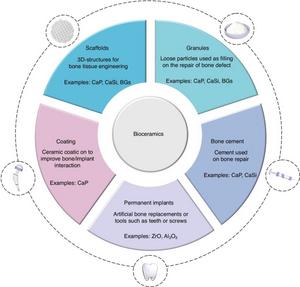 Schematic of different types and applications for bioceramic materials.