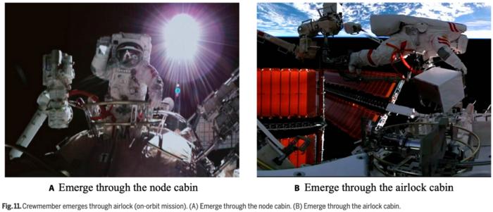 Fig. 11. Crewmember emerges through airlock (on-orbit mission). (A) Emerge through the node cabin. (B) Emerge through the airlock cabin.