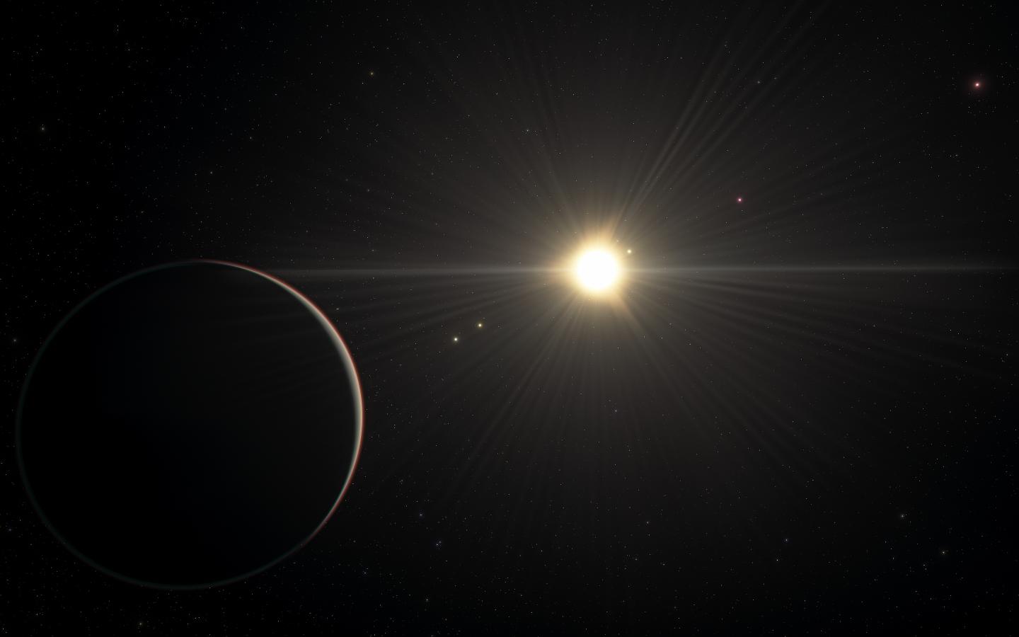 Artist's impression of the TOI-178 system with the planet in the foreground orbiting most distantly around the star.