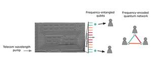 A silicon microresonator (left, SEM image) provides a parametric broadband source for frequency-entangled photon pairs 21 GHz apart to achieve frequency-encoded large-scale quantum networks.