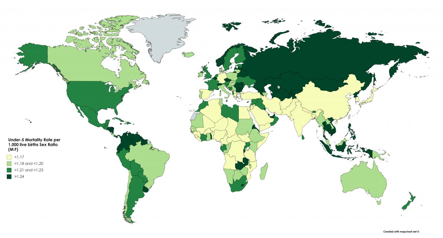 World Map Showing the Under-5 Mortality Rate Per 1,000 Live Births Sex Ratio (U5MSR)