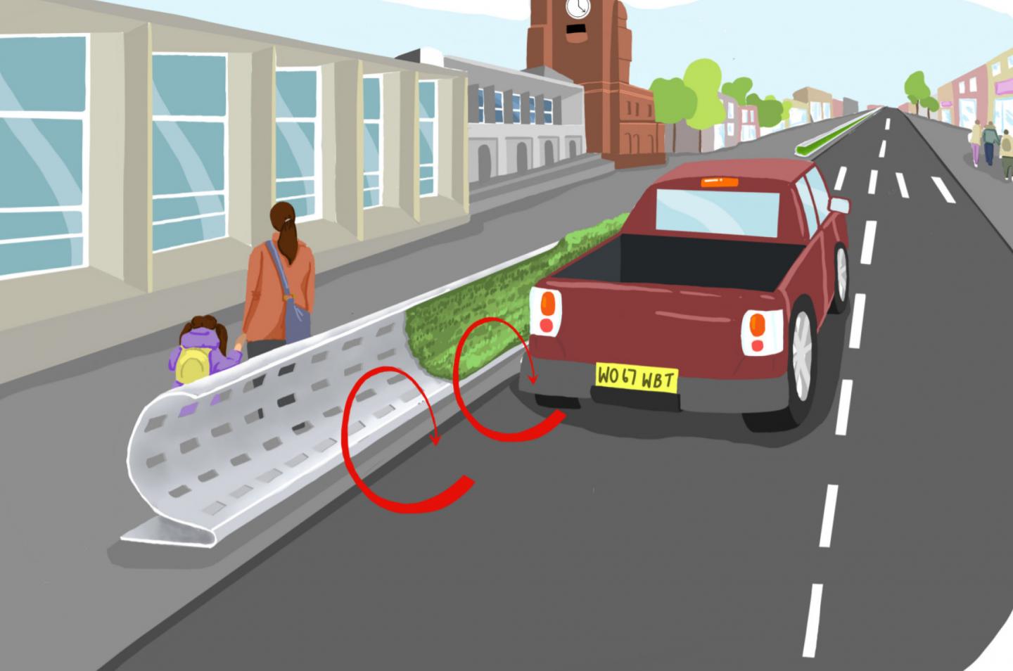 Curved barriers deflecting pollution generated by car