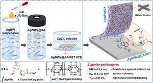 Schematic diagram of the preparation process and mechanism of AgNWs@CA/PET FTE