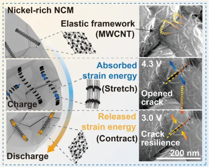 Schematic Illustration of Active Material Crack Restoration via Elastic Nano Spring