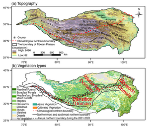 Figure 1 Natural geographical distribution of the TP and the distribution of the climatological northern boundary of the ASM over the TP.