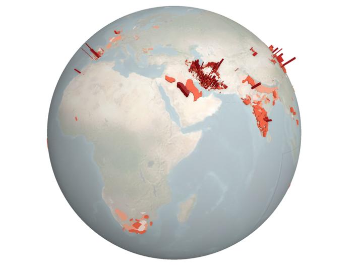 Globe with marked fallen groundwater resources