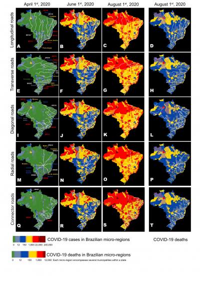 Routes of the main highways and the evolution of the geographic distribution of COVID-19 cases