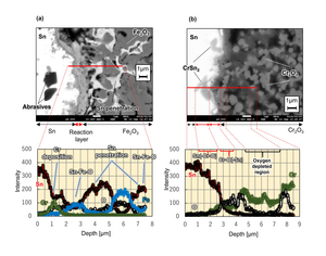 Fig.3 Image of cross-section of surface layer corrosion structure of oxide sinter immersed in liquid metal tin