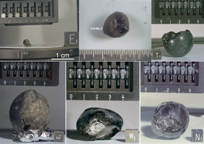Clast-rich glass globules collected by the Apollo missions.