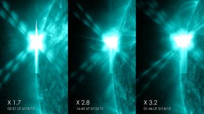 3 X-Class Flares that the Sun Emitted in under 24 Hours on May 12-13, 2013