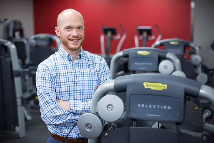 Jacob Meyer, professor of kinesiology, inside an exercise lab in Forker Hall at ISU, 2018.