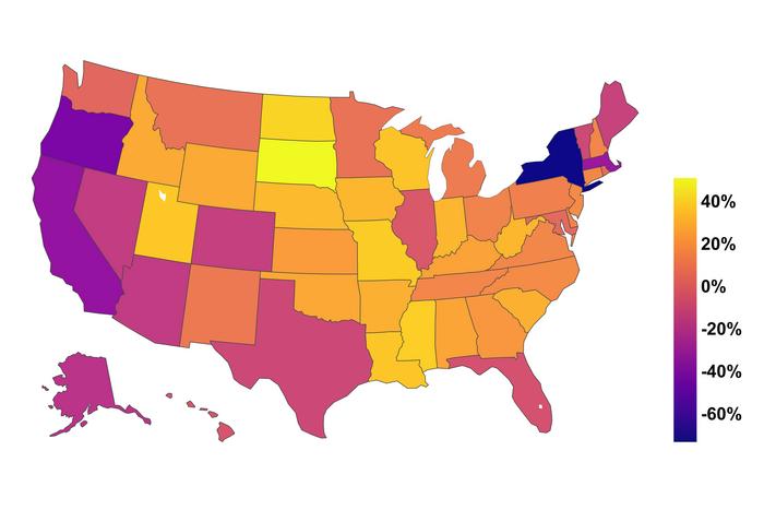 U.S. map illustrating percentage of increased viral boosts of COVID-19 public health tweets mentioning BTS, by state.