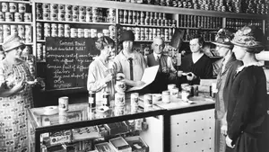 Historical photo of women in a grocery store setting