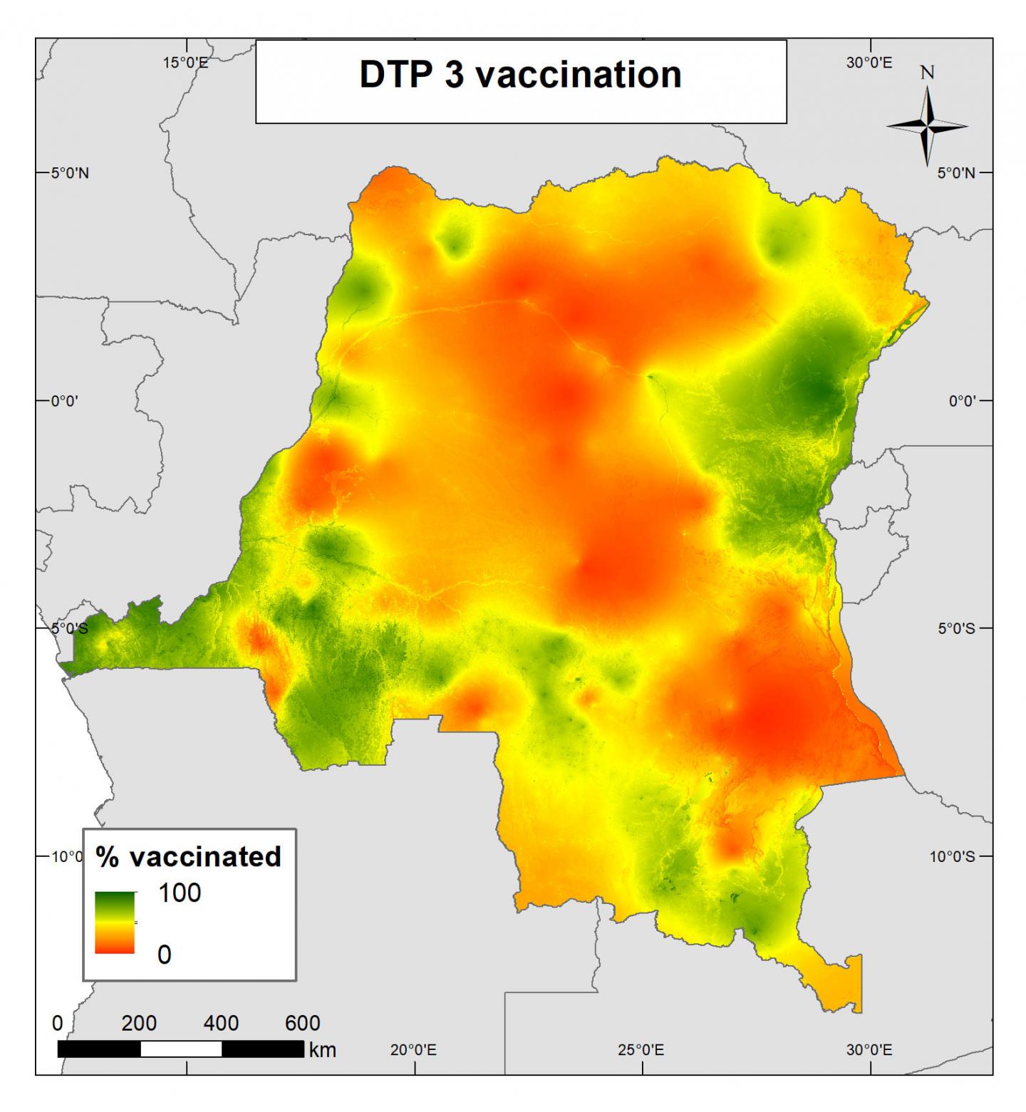 Map Showing Diphtheria, Tetanus, Pertussis Vaccine 3 Coverage in Democratic Republic of Congo
