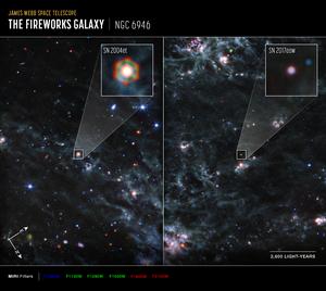 NGC 6946 highlighting two supernovae, SN 2004et and SN 2017eaw