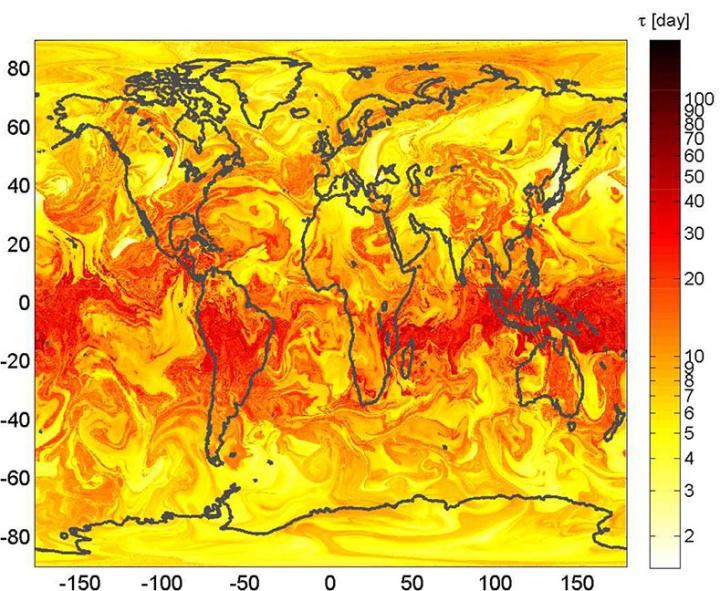 Geographical Distribution of the Lifetime Tau of Particles Initialized Uniformly Over the Globe