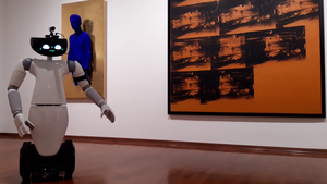 R1 humanoid robot explaining Andy Warhol’s work