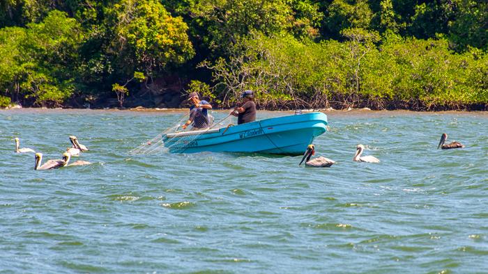 Men casting nets off a small fishing boat.