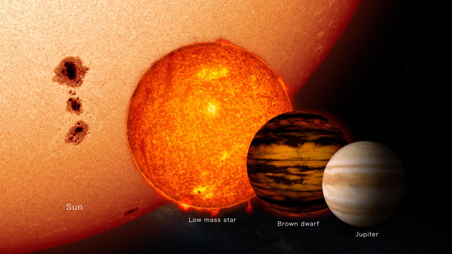 Size Comparison of Stars, Brown Dwarf, Jupiter