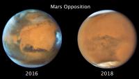 Images of Mars under clear conditions (left) and during the 2018 Global Dust Storm (right).