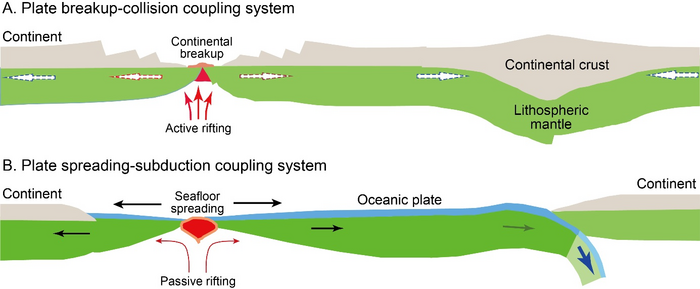 Schematic cartoons showing the two types of plate divergent-convergent coupling on Earth