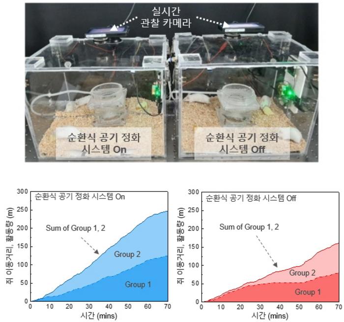 Figure 4. Animal test to identify and resolve the problem of indoor oxygen deprivation/carbon dioxide buildup due to breathing (top). Measured activity of rats with and without a circulating air purification system (bottom).